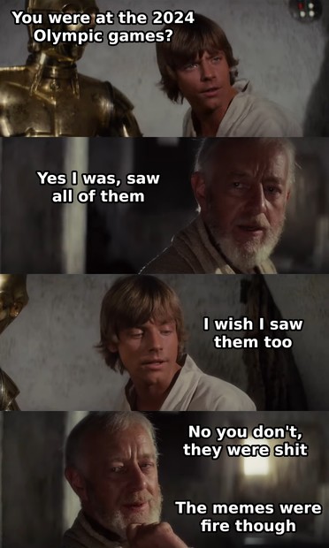 A meme in four panels. Luke Skywalker is talking to Obi-Wan Kenobi while repairing C-3PO. Luke asks: 