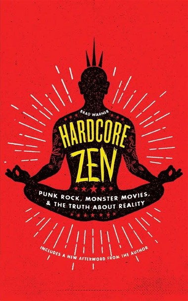 Hardcore Zen Bookcover depicting a silhouette of a punk that meditates over a red background. 
