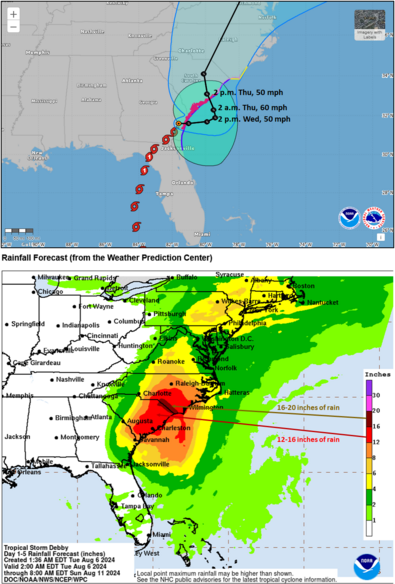 1. Past and future track of TS Debby
2. Graphic of rainfall estimates