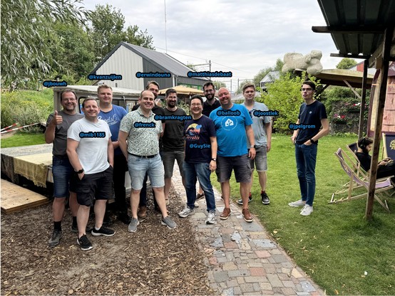 A group of men standing together for a photo in an outside area. There is text next to each person of their GitHub username. The names for the back row of men are, from left to right: @jbouwh, @kvanzuijlen, @erwindouna, @matthiasdebaat. The names for the front row of men are, from left to right: @mib1185, @frenck, @bramkragten, @GuySie, @balloob, @joostlek, @jpelgrom.