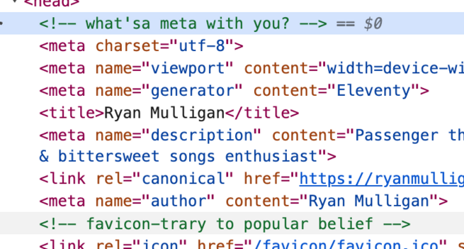 Screenshot of the html code on ryanmulligan.dev. There are two html comments highlighted. The first says, 