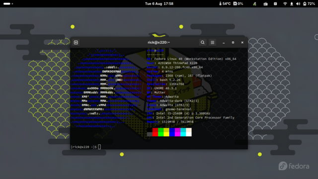 #neofetch of my 2011 #ThinkPad X220 running #Fedora #Linux 40.