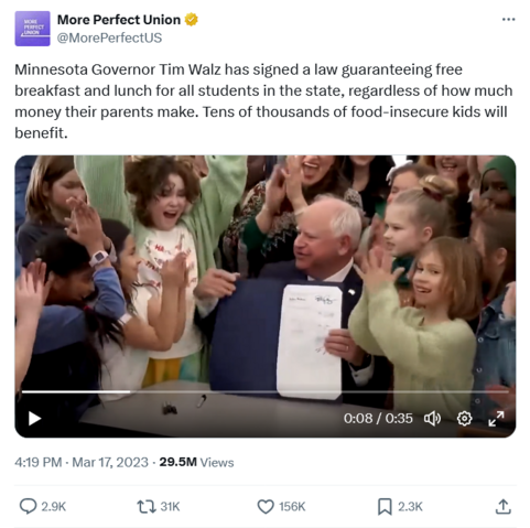 Tweet by More Perfect Union with video clip of Gov Walz signing the bill surrounded by a crowed of joyous applauding children.
https://x.com/MorePerfectUS/status/1636824655582597120