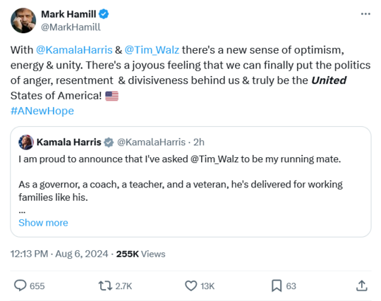 Tweet from Mark Hamill with text -

