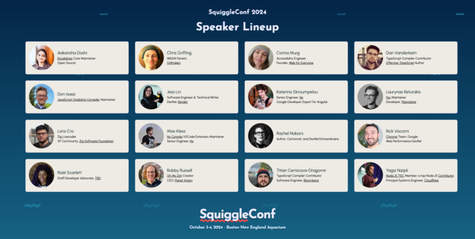 SquiggleConf 2024 Speaker Lineup / October 3rd & 4th, 2024 / Boston New England Aquarium. Includes the sixteen speaker names, positions, and photos from 2024.squiggleconf.com's homepage.