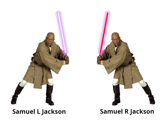 Two flipped nearly identical images of Mace Windu, holding light sabers with a purple glow. The core of the light saber is different though; on the left it's a white core, on the right is a red core. The captions read 