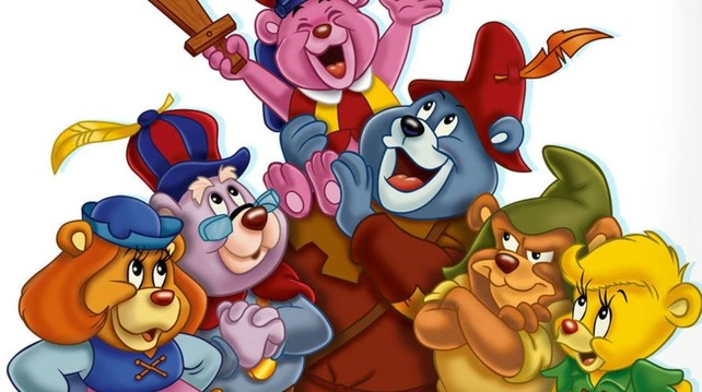 Coloured drawing of characters from the animated TV show, Gummi Bears. All the characters are standing close together. Most of them are smiling or laughing. 

Source: https://www.80sfashion.org/disneys-adventures-of-the-gummi-bears-1980s-cartoon-favorite/