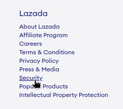 Screenshot of the Security link on the lazada webpage