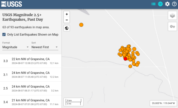 Map of recent earthquakes showing 63 earthquakes close together.