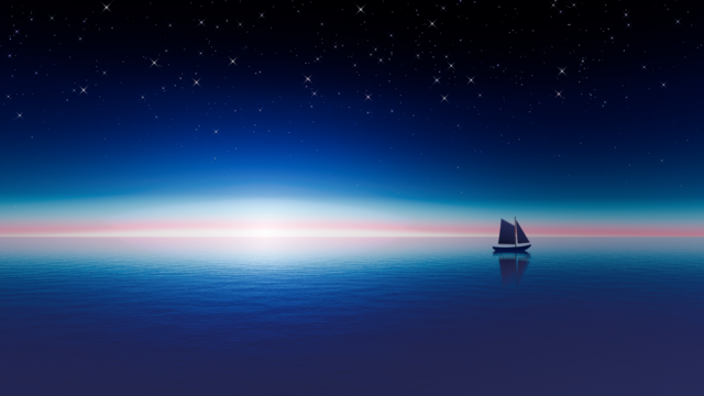 A blender render of a sunset in the ocean with a sail boat in the distance.
The sunset colors are reflected in the water, creating symmetrical colors from the center of the image going up and down.
From the center: white, pink, light blue, dark blue -> black.
The sky is darker than the previous render, and I added stars. the colors at the horizon now also curve down away from where the sun set, creating less of a straight line.