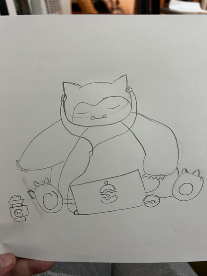 Round, fat Pokémon that is very cute and likes to eat and sleep. He is with a computer, headphones and tea. 