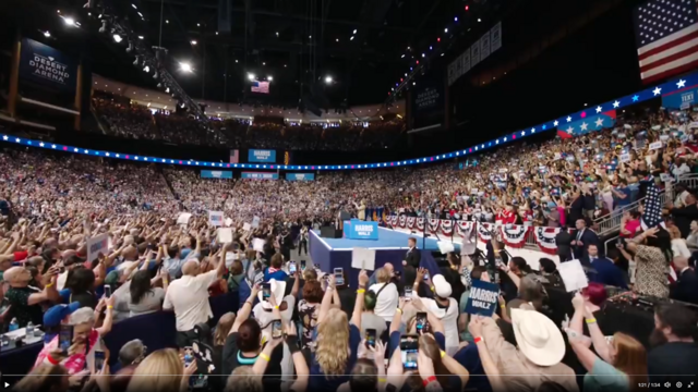 Still ofrom video posted at https://x.com/KamalaHQ/status/1822074491528212493 as Kamala Harris walked out to the stage