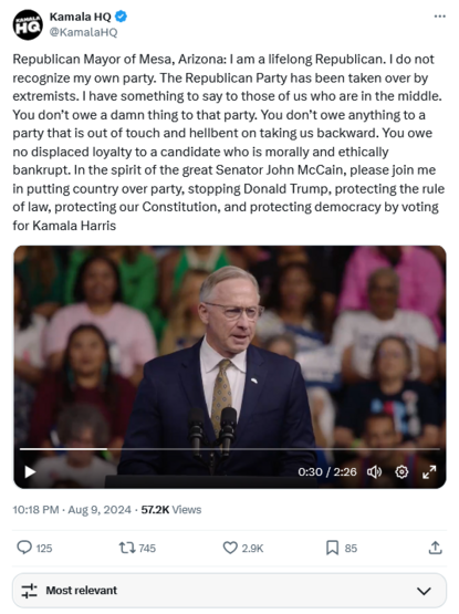 Tweet by Kamala HQ with video clip featuring John Giles, the Mayor of Mesa, AZ.