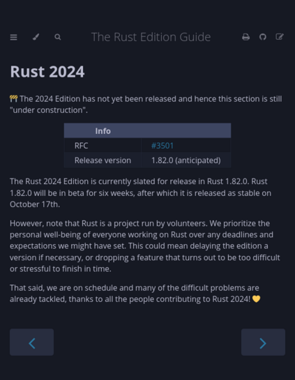 Screenshot of the Rust Edition Guide, detailing the statement of the post. Copy-pasting the page's content:

Rust 2024

🚧 The 2024 Edition has not yet been released and hence this section is still 