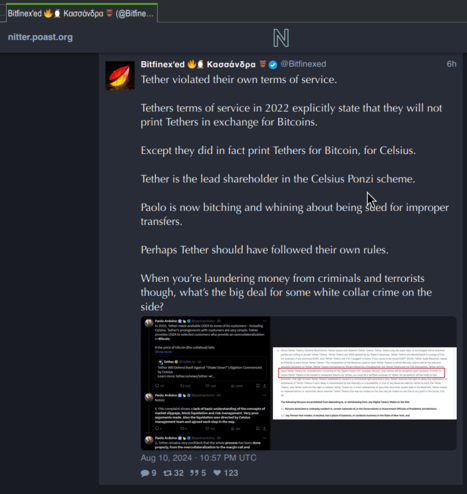Twitter post by user Bitfinex'ed, screenshotted 2024-08-10, where Tether's own violations of their Terms of Service are listed, along with money laundering and other white collar crimes. Bitfinex'ed added corroborating screenshots of tweets by Paolo Ardoino and of the relevant Tether TOS. 