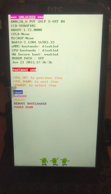 Shows the phone screen with bootloader text, the second line states S-OFF which means security checks are off and eMMC is fully writeable