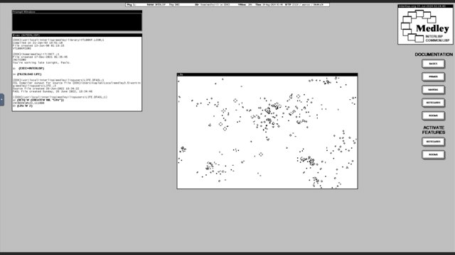 Screenshot of the black and white desktop of a 1980s graphical workstation environment. The desktop has a gray background pattern and some windows with a white background and a title bar with white text on a black background. The main window shows a pattern of a Conway's Game of Life program.