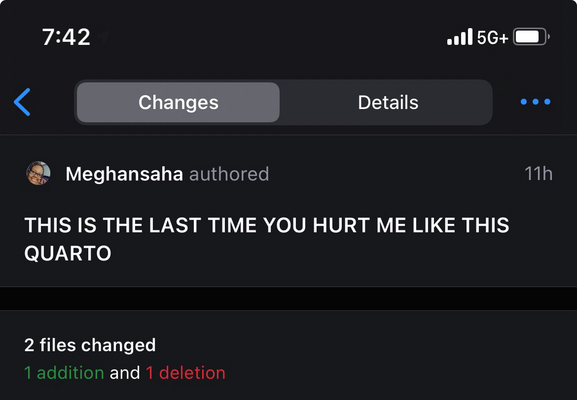 A screenshot of a git commit on the GitHub mobile app that reads “THIS IS THE LAST TIME YOU HURT ME LIKE THIS QUARTO” 