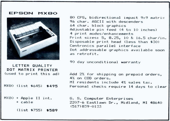 EPSON MX-80 ad printed with an MX-80.  From nibble.