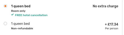 A screenshot of a hotel booking website where paying more for your booking makes it non-refundable.