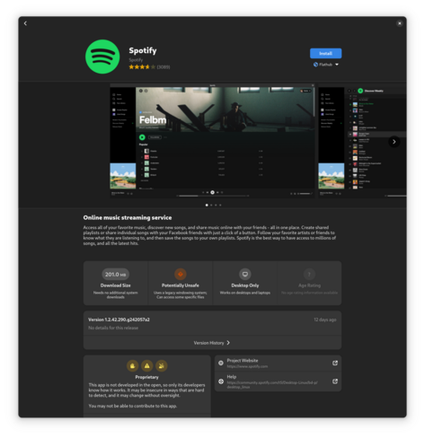 Screenshot of the Spotify page in GNOME Software on Fedora, with no indication that the software isn't officially packaged by Spotify