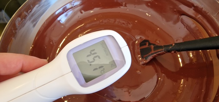 Top down view of the melted chocolate at 45.1c, according to my trusty infrared thermometer.