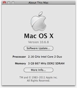 Screenshot of Mac OSX ‘About’ screen running Snow Leopard