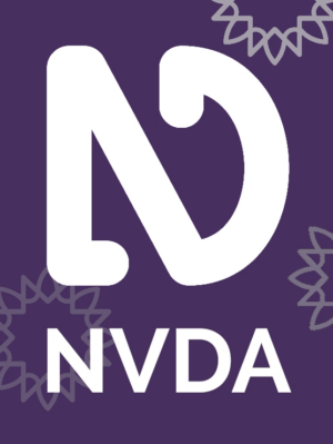 NVDA logo & text in white on purple with grey sunbursts around edge.