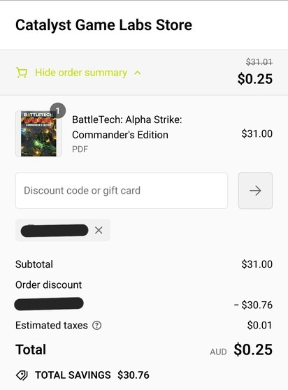 A screenshot showing the BattleTech Alpha Strike Commander's Edition PDF in an online shopping cart.

The total is $31 AUD, which is reduced to $0.25 AUD after applying a coupon.