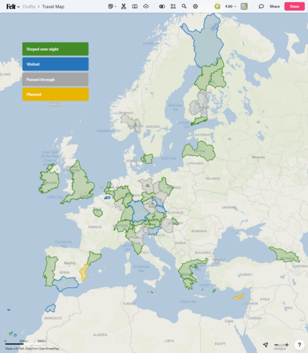 Map of my travels in and around Europe