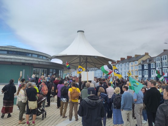 A group of people with flags demonstrating in Aberystwyth 