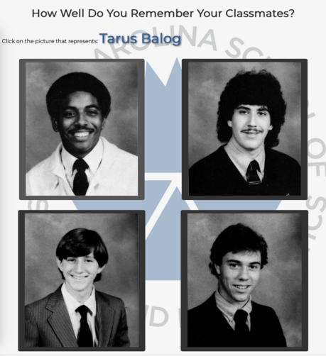 A picture of the Yearbook Game showing my name and four pictures