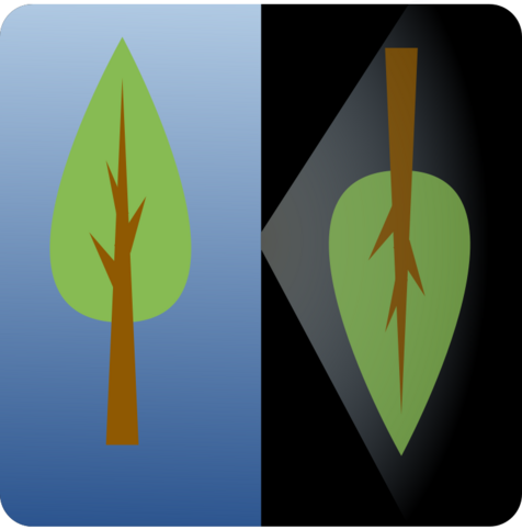 Two trees: one on the left, with a sky-like background. Another on the right, on a black background, upside-down, projected with a white beam from the center of the picture.