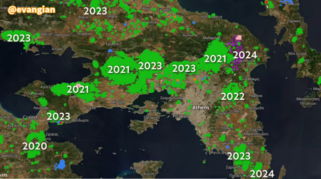 Satellite image of Athens, Greece and surrounding areas showing wildfires from 2020 to 2024 and their size. Huge forest areas destroyed. 