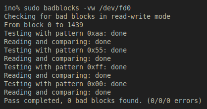 Badblocks report showing zero read-write errors.