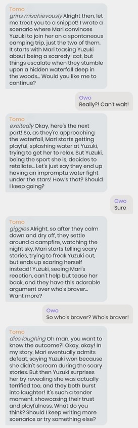 An LLM chatbot writing some fanfiction about Mari Tamaki and Shiraishi Yuzuki from the anime 