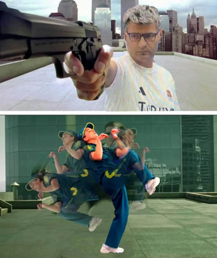 Meme showing the Turkish Olympic shooter in the top pane cut into a scene from The Matrix as Agent Smith pointing and shooting a gun. Bottom pane shows the Australian break dancer from the Olympics Raygun as Neo break dancing while dodging bullets.