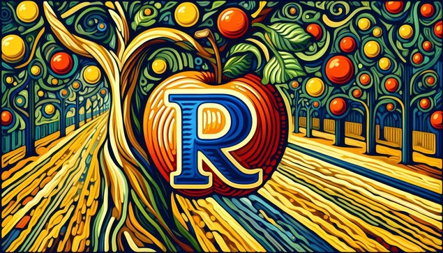 A picture of an apple hanging off the side of an apple tree in an orchard. There a blue letter R on the apple.