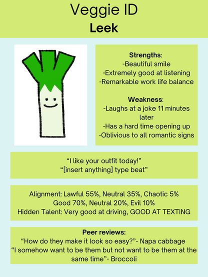 A description laid out like a player card in a board game. In this card I am a Leek. The card is divided into sections, including a cartoon drawing of a leek in the upper left corner.

Stengths
-- Beautiful smile
-- Extremely good at listening
-- Remarkable work life balance

Weaknesses
-- Laughs at a joke 11 minutes later
-- Has a hard time opening up
-- Oblivious to all romantic signs

