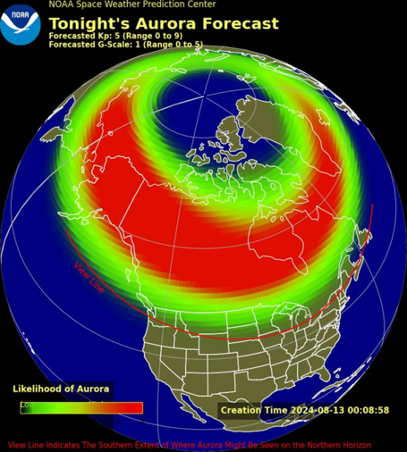 Map and Aurora viewline for tonight for N. America
