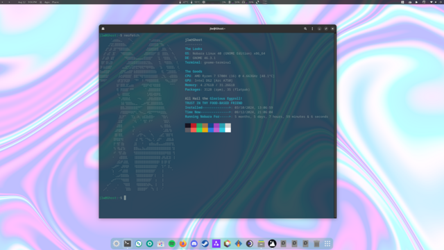 Desktop screen grab on Nobara Linux running Gnome DE.  In the center is a window with Neofetch stats showing install for 5 months and some change. 