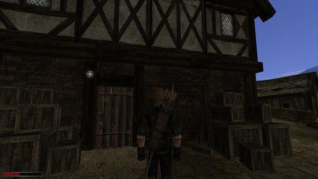 Protagonist of Archolos rpg game standing in front of a building's door with sun-shaped mark on it.