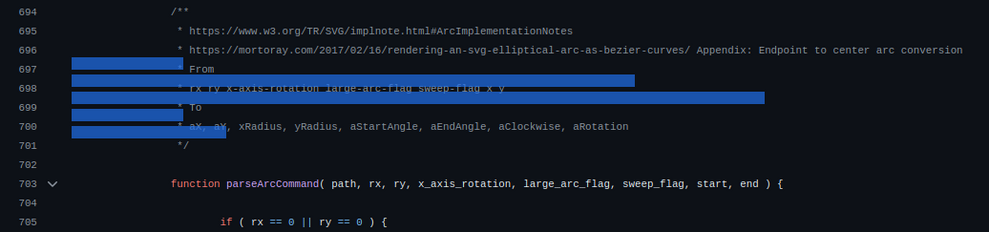 Screenshot of a code snippet from the site github.com

It is a piece of javascript code on black background. It shows a method definition named parseArcCommand and above it there is the comment describing the method.

Blue bars appear over the comment, spanning from the left margin until some distance to the right, seemingly unrelated to the span of the text itself. It appears that text is selected but the selection highlight is unaligned with the actual text.