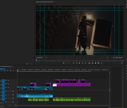 Partial screenshot of an Adobe Premiere Pro sequence with multiple video and audio tracks. The monitor window shows a still of me zipping up my bike vest in the dark.