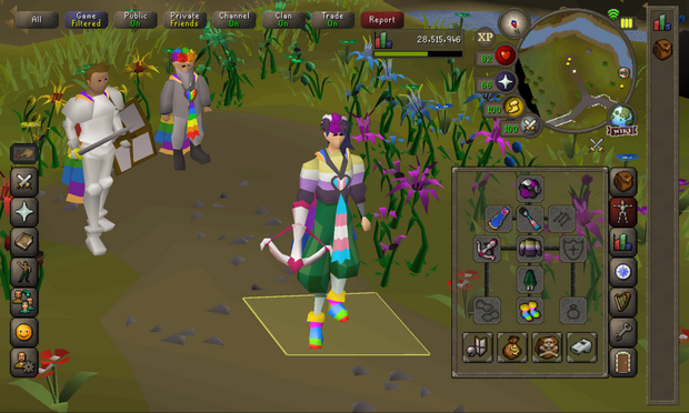 RuneScape mobile screenshot. My character is wearing rainbow boots (pride event unrelated but cool nonetheles), green elegant legs, a love crossbow, a trans flag stole, an enby flag sweater, an ace flower crown and a bi cape. There are two other characters with pride equipment at the left and we're all standing in a field of pride-coloured flowers.