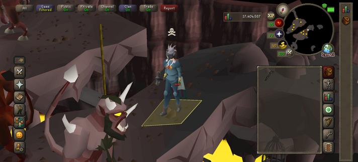 RuneScape mobile screensot. My character, skulled, is wearing climbing boots, rune plateleg and platebody, an Arougne cape 2, an trimmed amulet of glory, a dragon defender, a zombie greataxe and an imbued slayer helmet. There are demons around in the dungeon we're standing in.