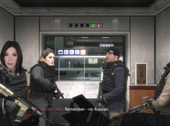 Screenshot of the cinematic scene from Modern Warfare two just before the terrorist attack in the airport in Moscow. The subtitles read 