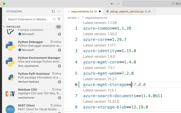 Requirements.txt open inside VS Code with ghost text suggestions from extensions