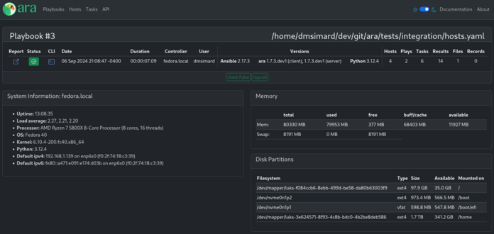 A screenshot of host facts in ara records ansible.