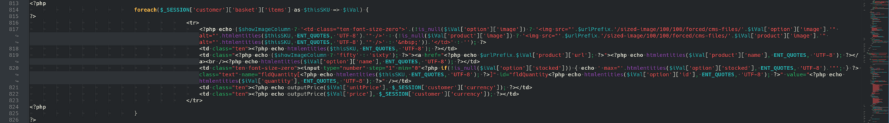 Screenshot of a PHP routine which outputs the customers basket as an HTML table of items. The code is tightly squished together into fairly long lines and not very tidy looking. There's even a tertiary-if inside a tertiary-if on line 817.